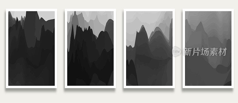Vector Gradient Fluidity Monochrome Mountain Watercolors Ink Wash Painting Scene Pattern Banner Card Design Element,Illustration Abstract Backgrounds Collection
